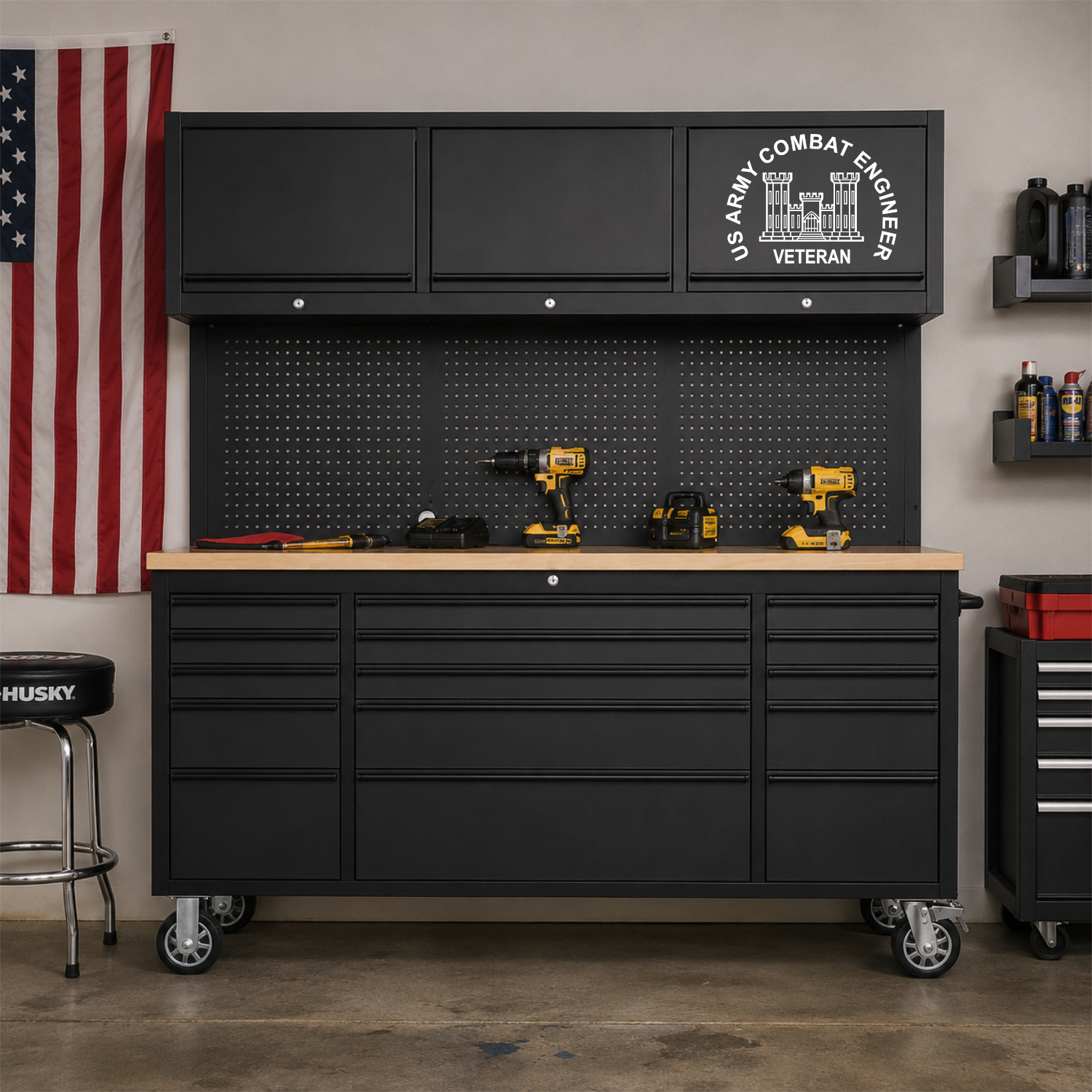 Combat engineer vinyl decal on a tool box in a garage.