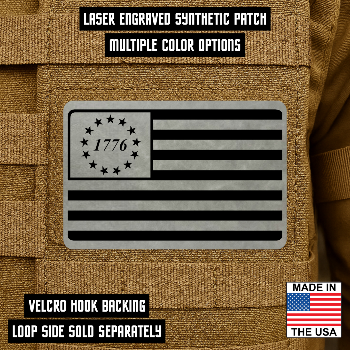 1776 American Flag Tactical Engraved Patch 2"x3" Hook & Loop | Made in USA