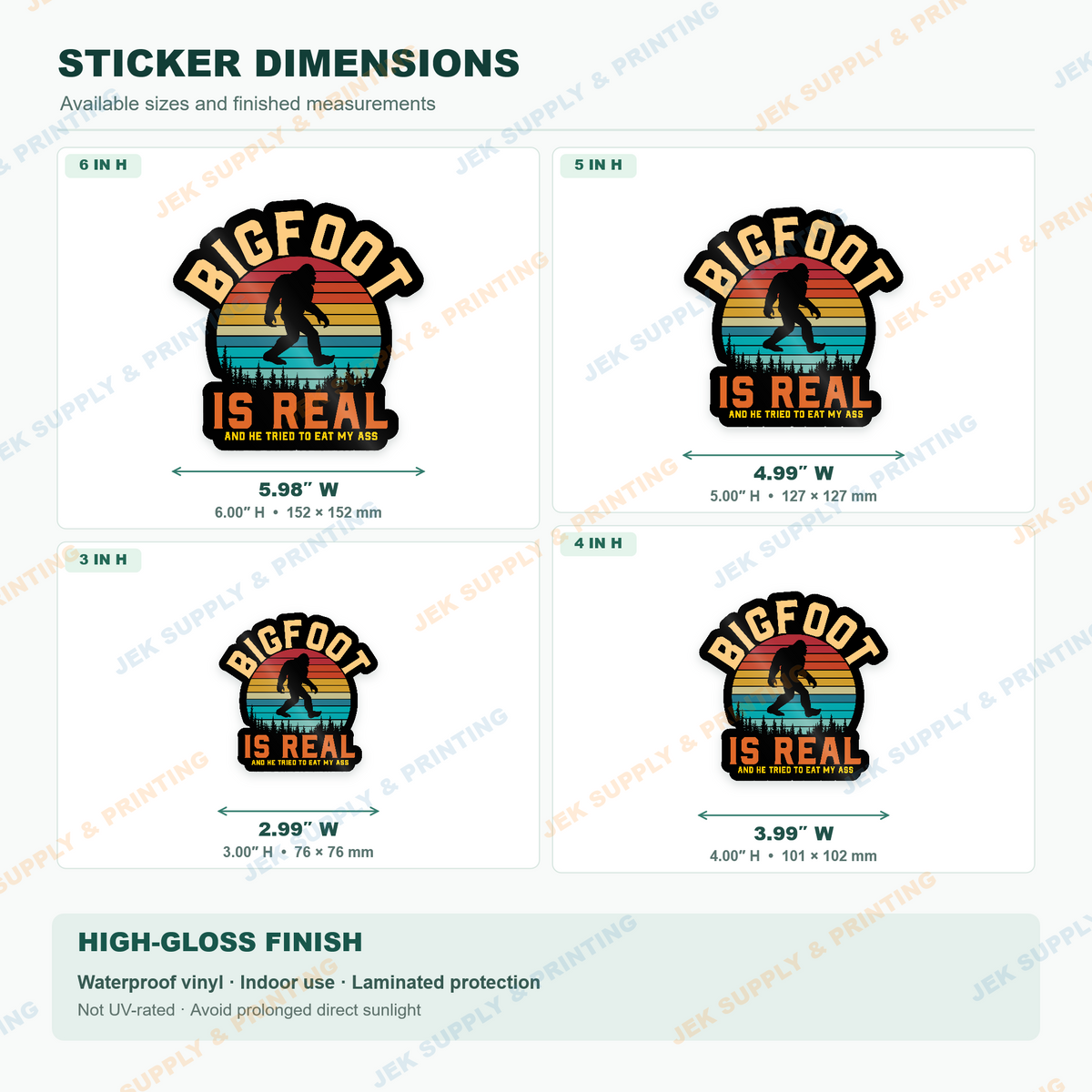 Bigfoot Is Real funny retro Sasquatch sticker dimension chart comparing 3, 4, 5 and 6 inch sizes
