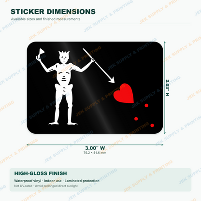 Blackbeard Pirate Flag vinyl decal, 3 inch width dimension guide