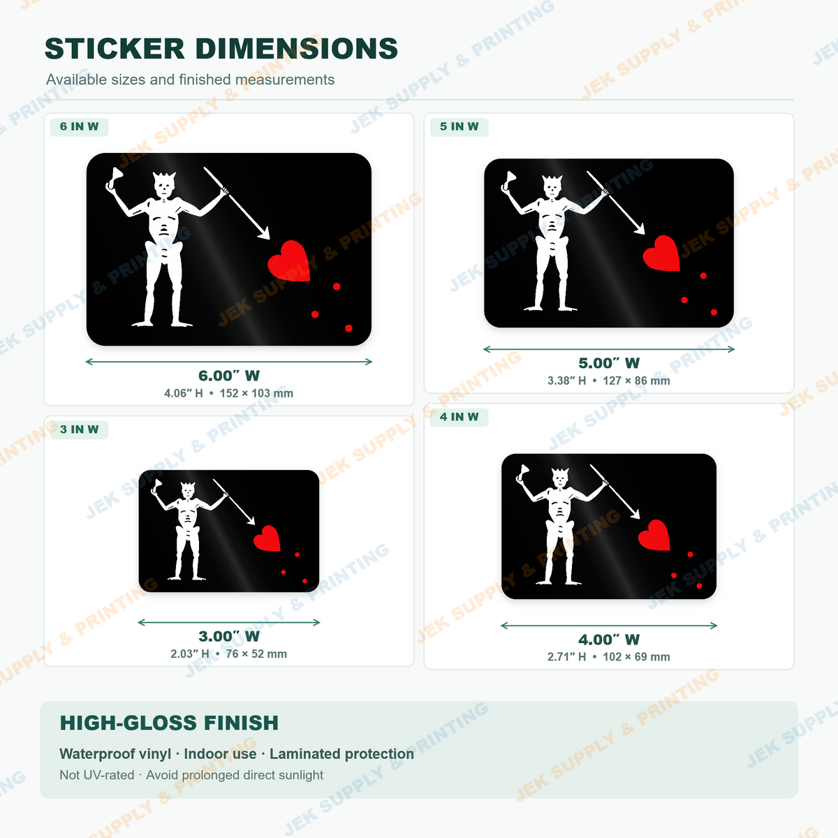 Blackbeard Pirate Flag sticker size comparison, 3, 4, 5, 6 inch width options