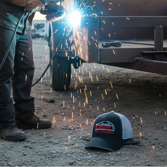 Person welding metal with sparks flying, wearing protective gear, in an outdoor industrial setting.