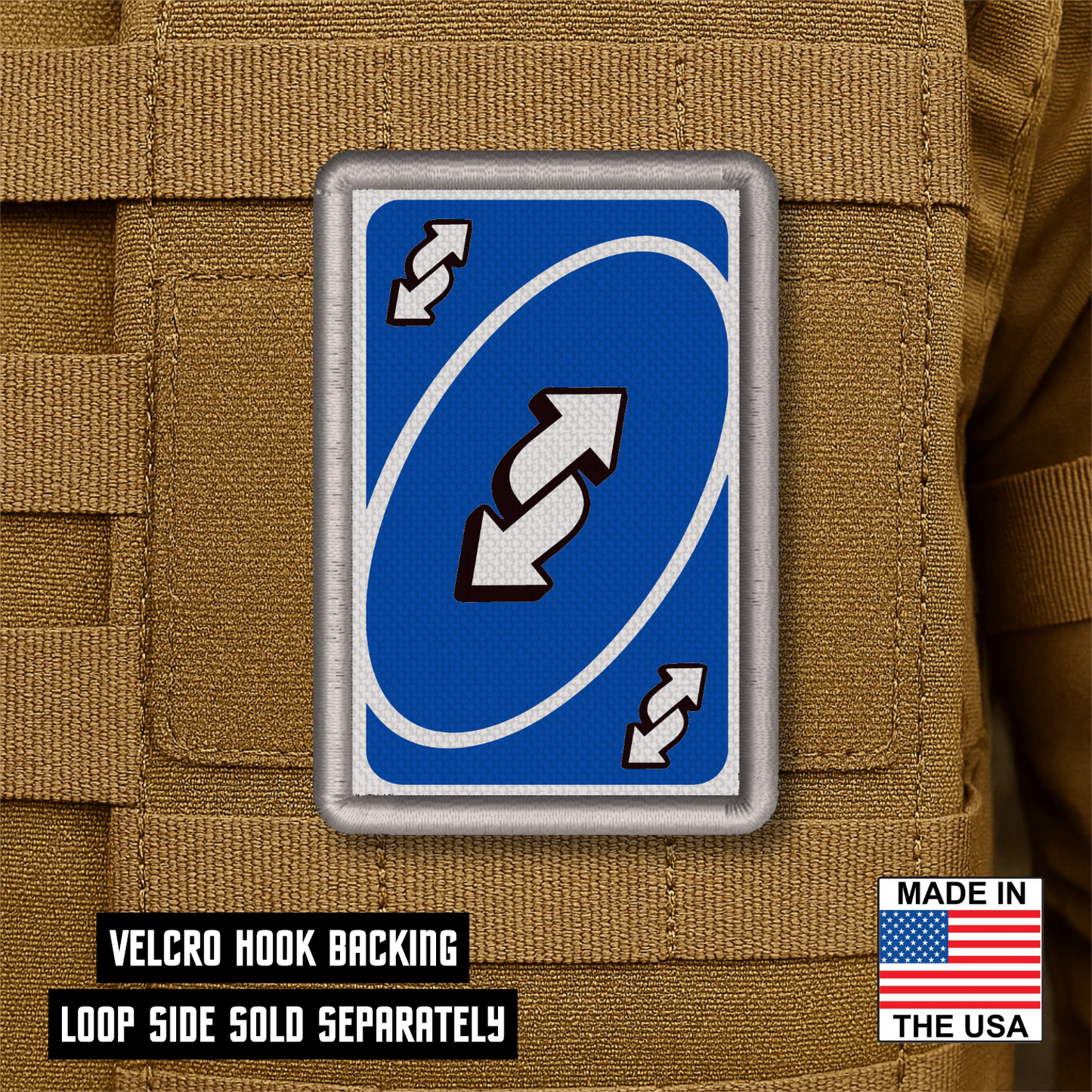 UNO Reverse Card Funny Morale Patch, 2x3" | Made in USA | VELCRO® Brand Hook Backing