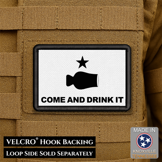 Patch with 'Come and Drink It' design on a brown background, featuring VELCRO hook backing.