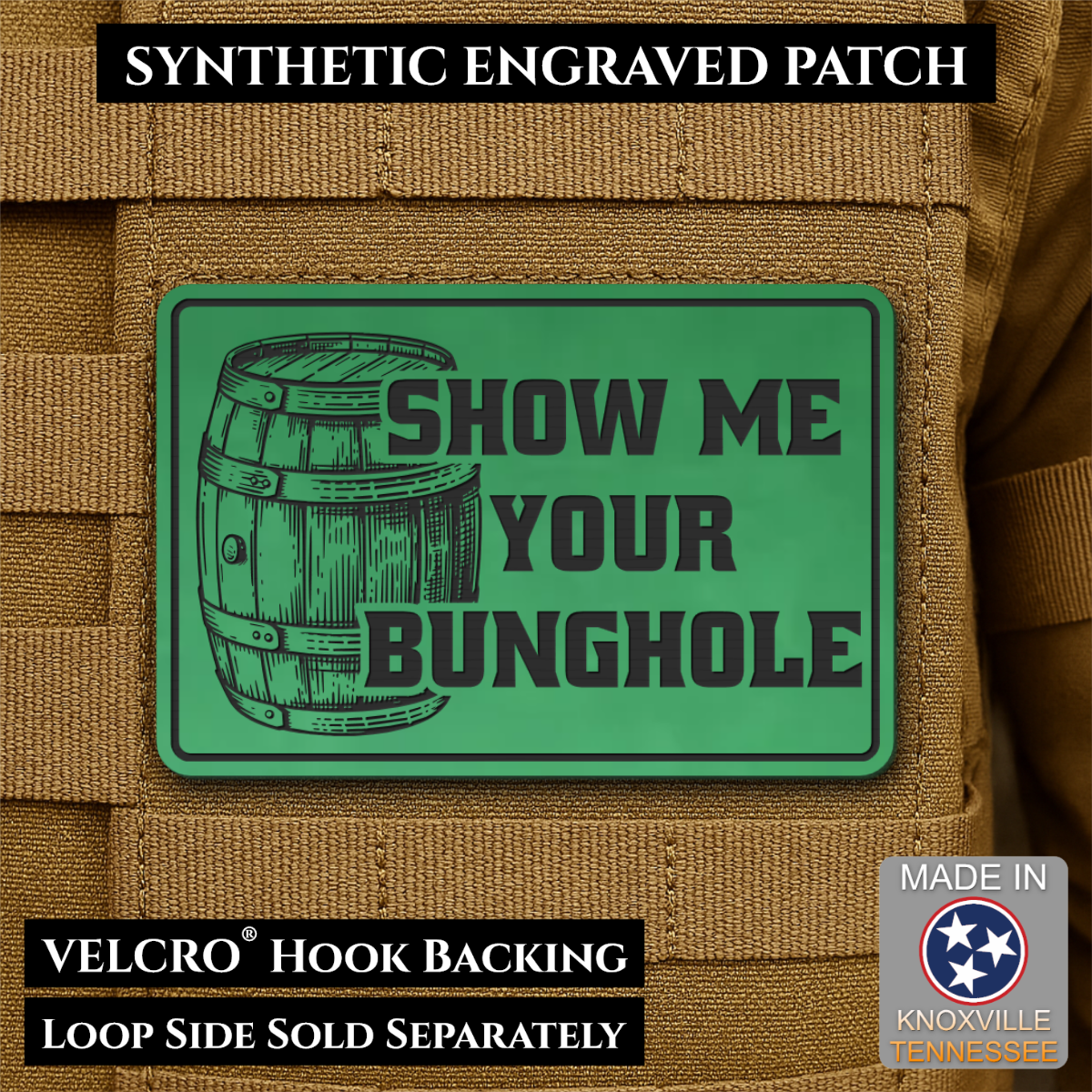 Show Me Your Bunghole, Bourbon Whiskey Barrel Funny Morale Patch, 2x3" | Made in USA | VELCRO® Brand Hook Backing