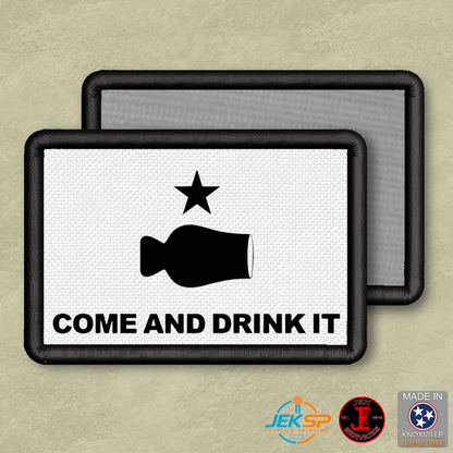 Texas style flag morale patch with a bourbon glencairn and the phrase Come And Drink It 
