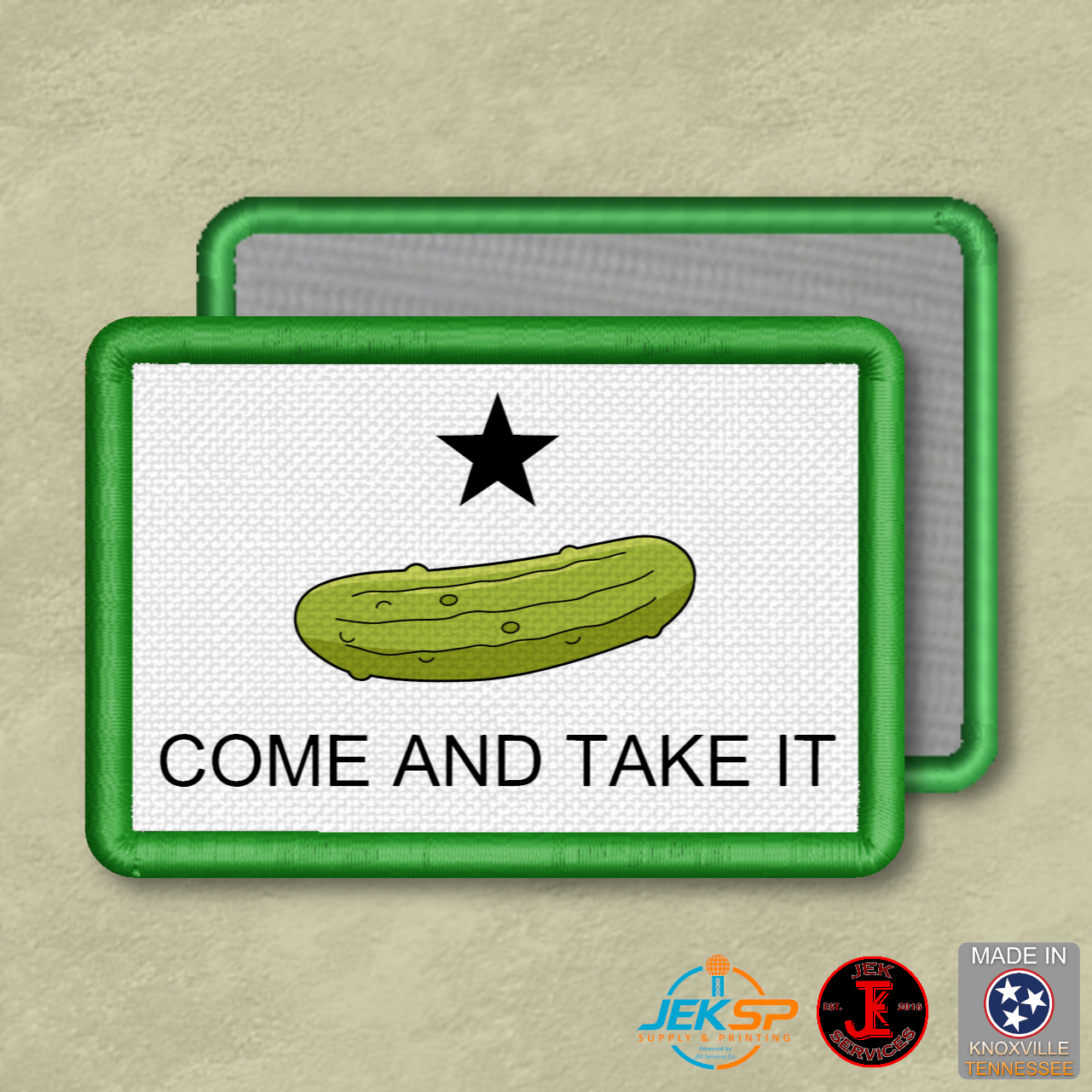 Funny morale patch with a pickle on a texas style flag design with a bright green border.