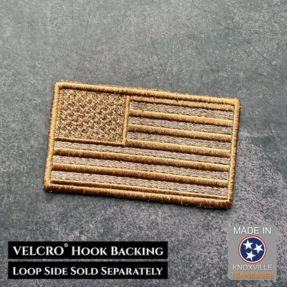 Tactical coyote tan American flag patch with VELCRO hook backing on a gray background, made in Knoxville, Tennessee.