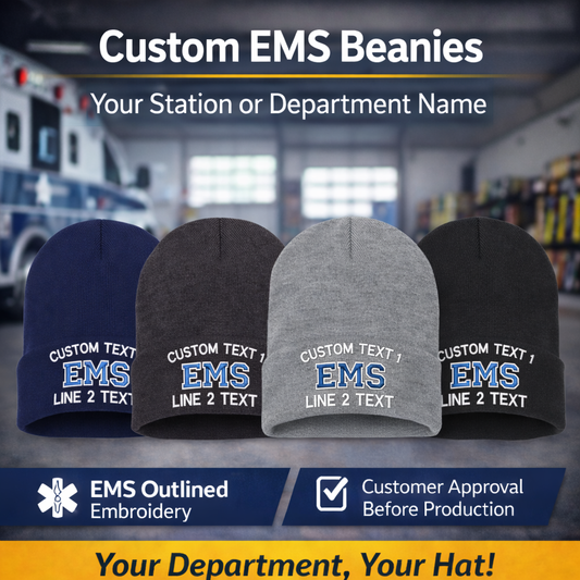 Custom EMT Paramedic Beanies – EMS Outline Embroidery | Station & Department Names