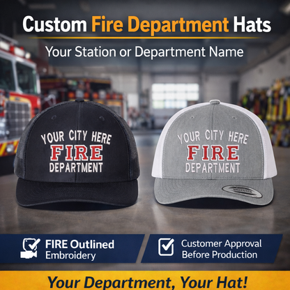 Two customizable fire department hats with text placeholder in a warehouse setting.