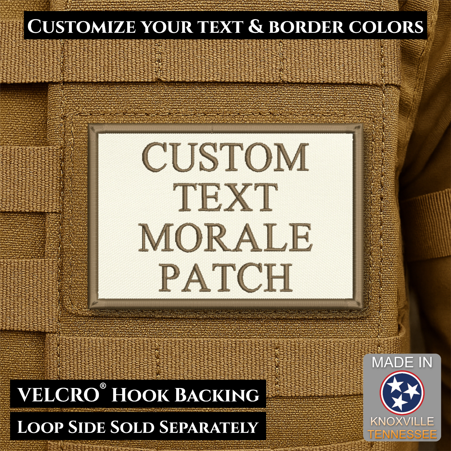 Custom embroidered morale patch with personalized text and customizable thread, border, and background color options