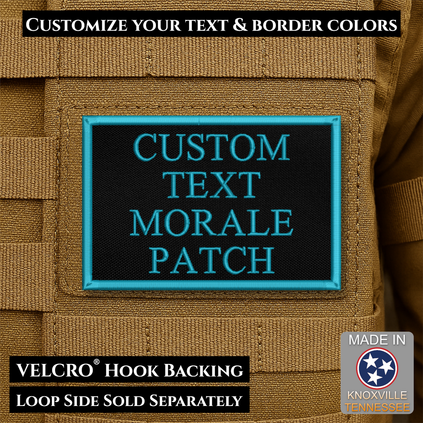 Custom embroidered morale patch with personalized text and customizable thread, border, and background color options