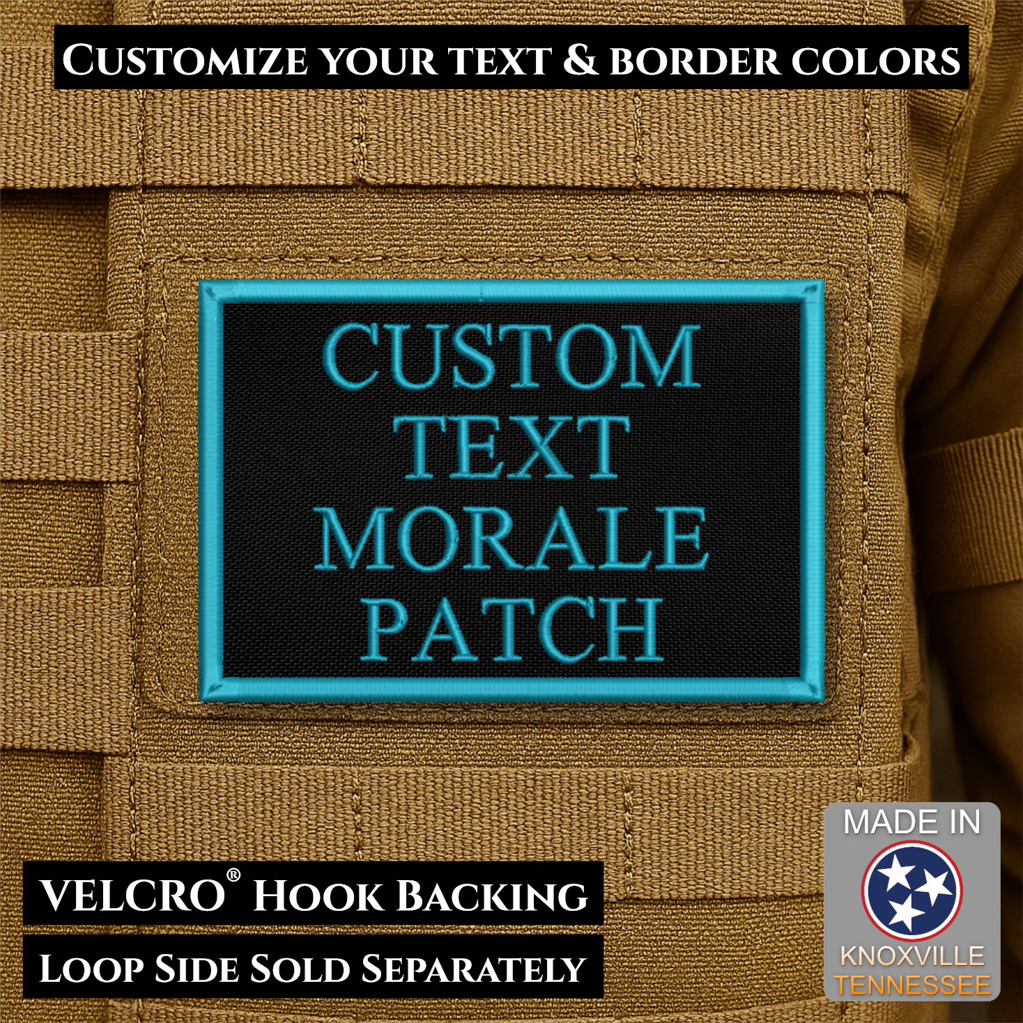 Custom embroidered morale patch with personalized text and customizable thread, border, and background color options