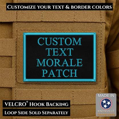 Custom embroidered morale patch with personalized text and customizable thread, border, and background color options