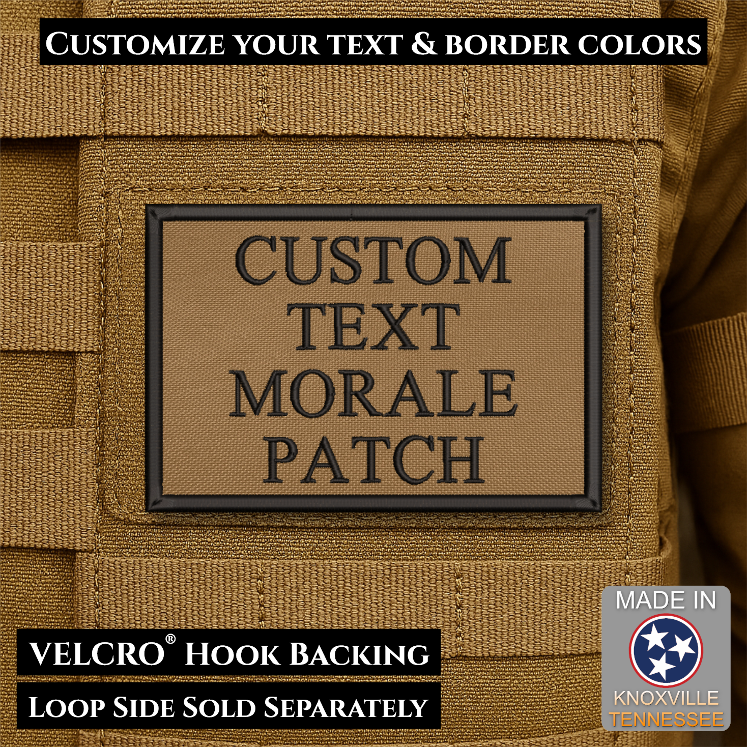 Custom embroidered morale patch with personalized text and customizable thread, border, and background color options
