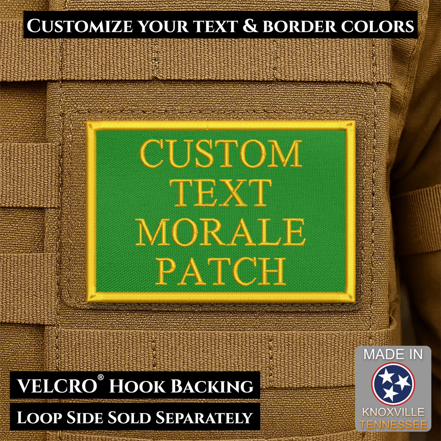 Custom embroidered morale patch with personalized text and customizable thread, border, and background color options