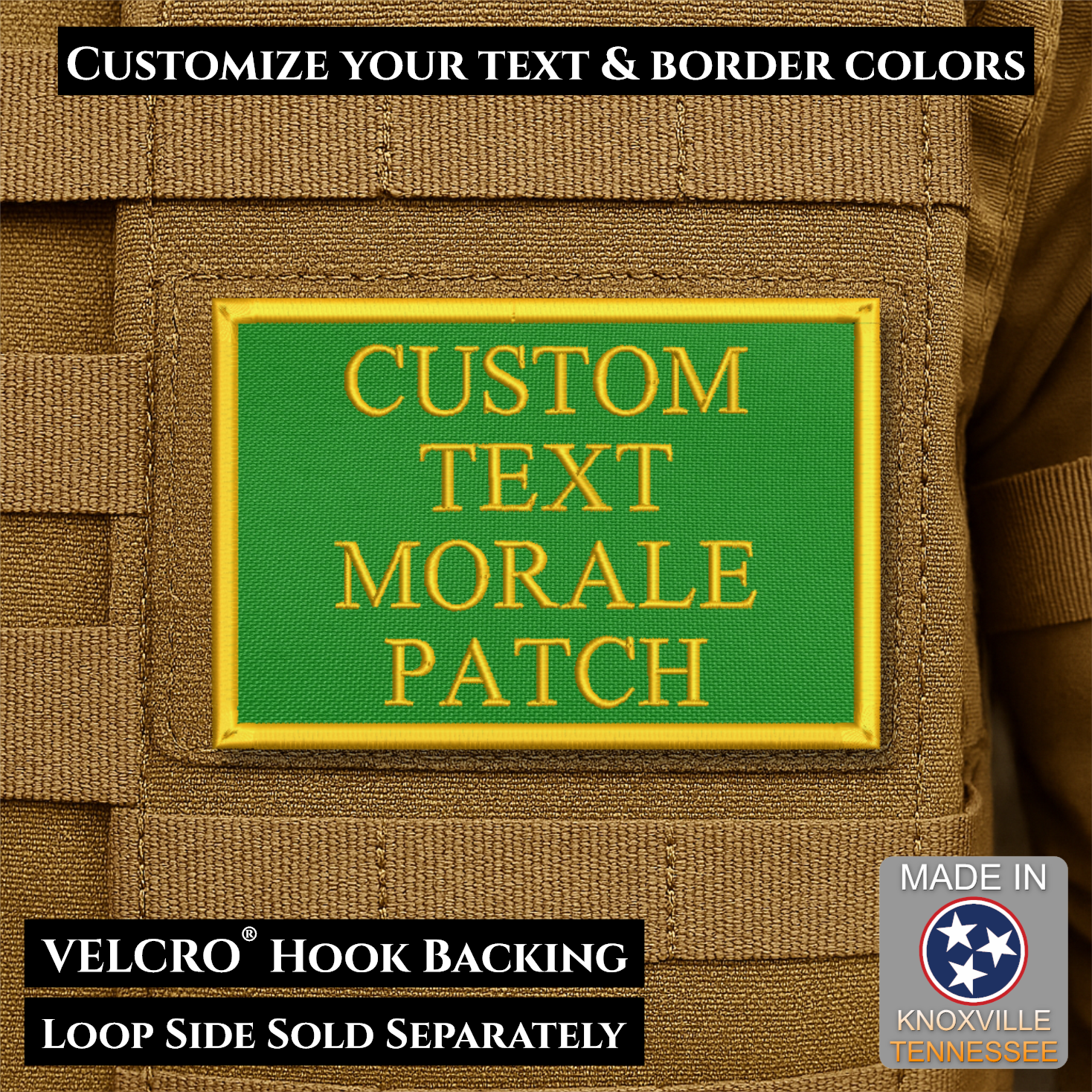 Custom embroidered morale patch with personalized text and customizable thread, border, and background color options