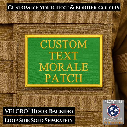 Custom embroidered morale patch with personalized text and customizable thread, border, and background color options
