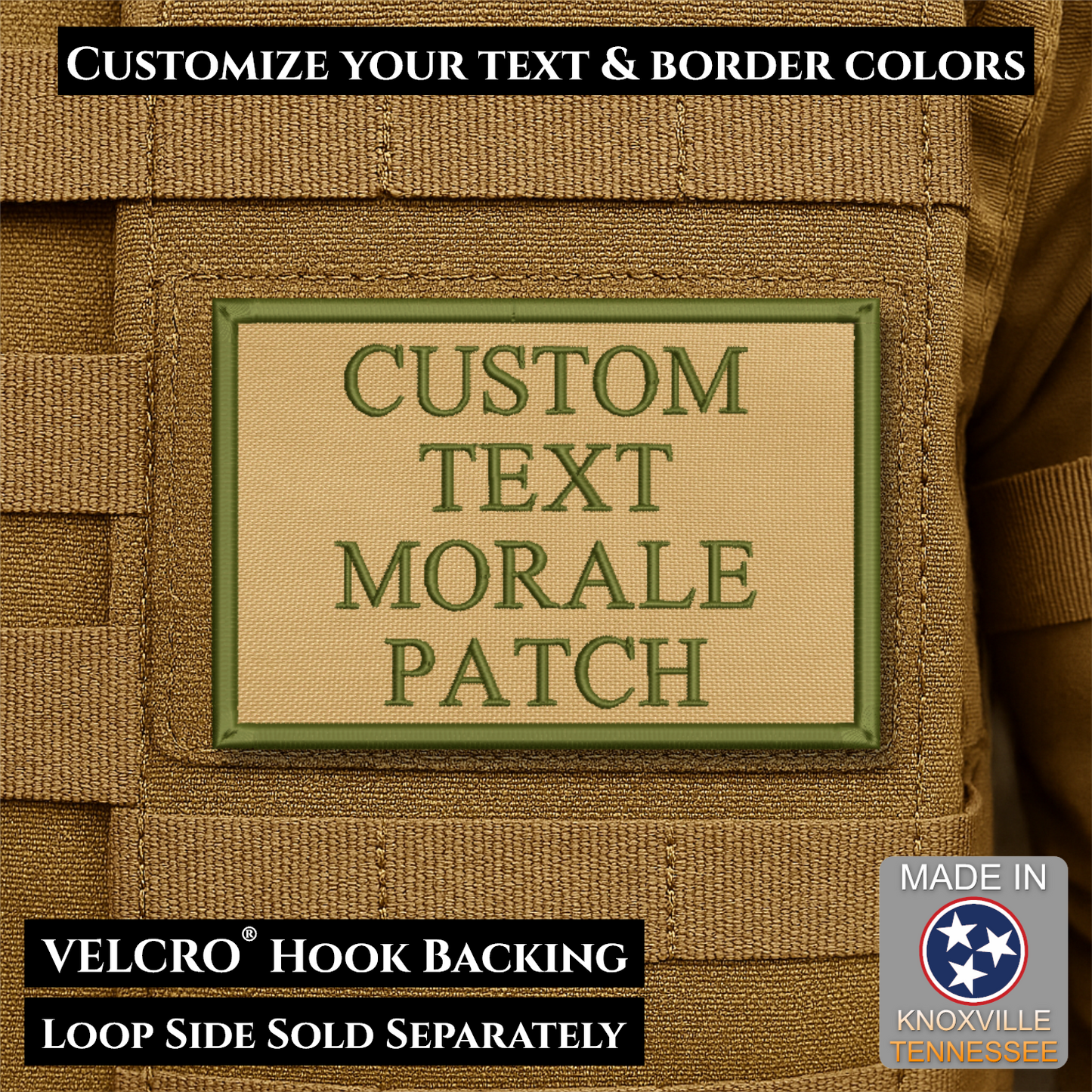 Custom embroidered morale patch with personalized text and customizable thread, border, and background color options