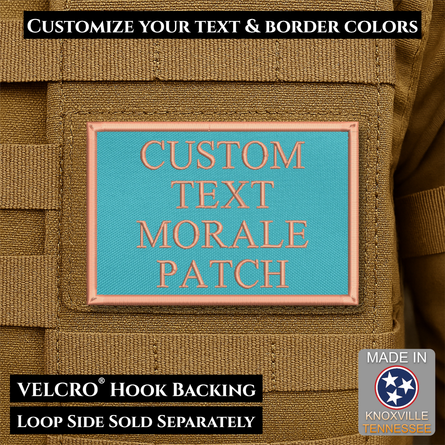 Custom embroidered morale patch with personalized text and customizable thread, border, and background color options