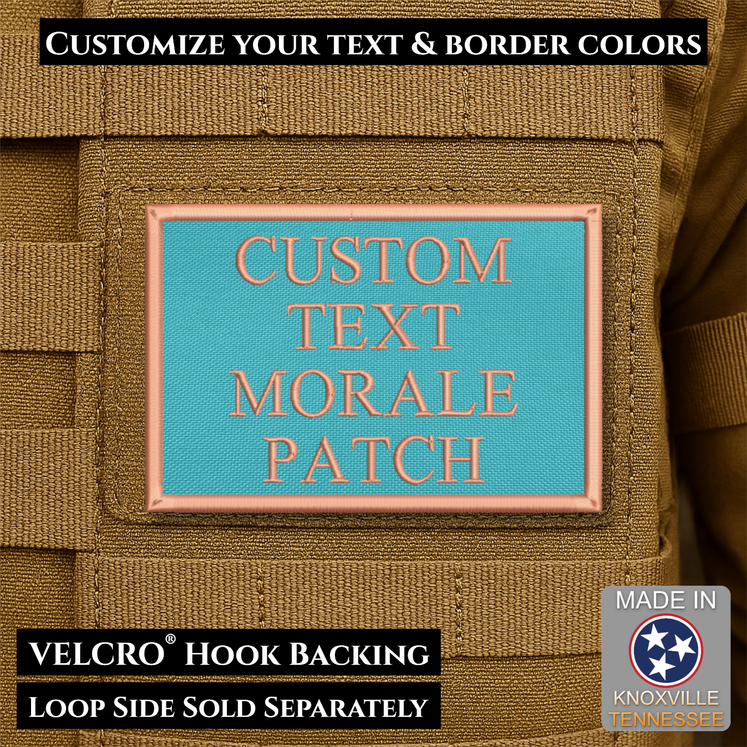 Custom embroidered morale patch with personalized text and customizable thread, border, and background color options