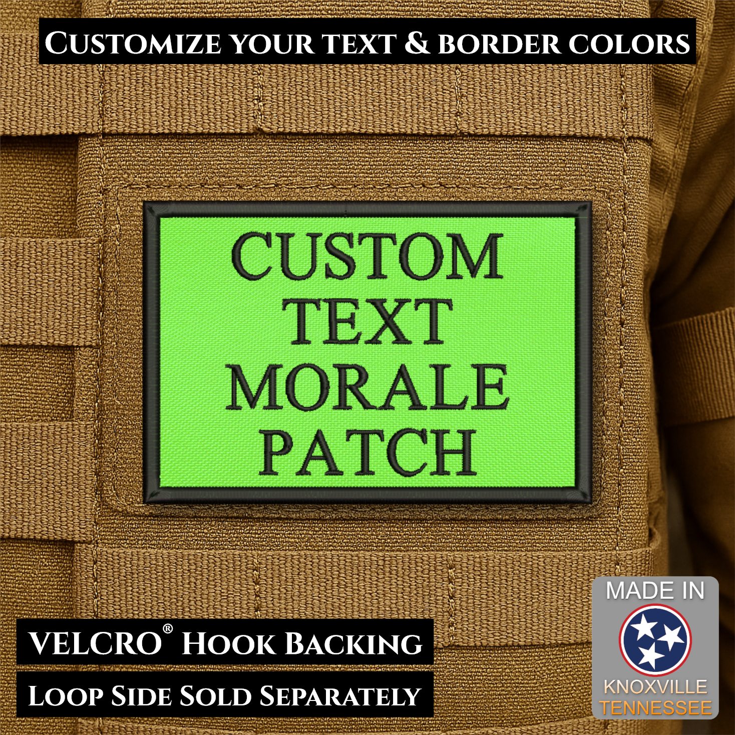 Custom embroidered morale patch with personalized text and customizable thread, border, and background color options