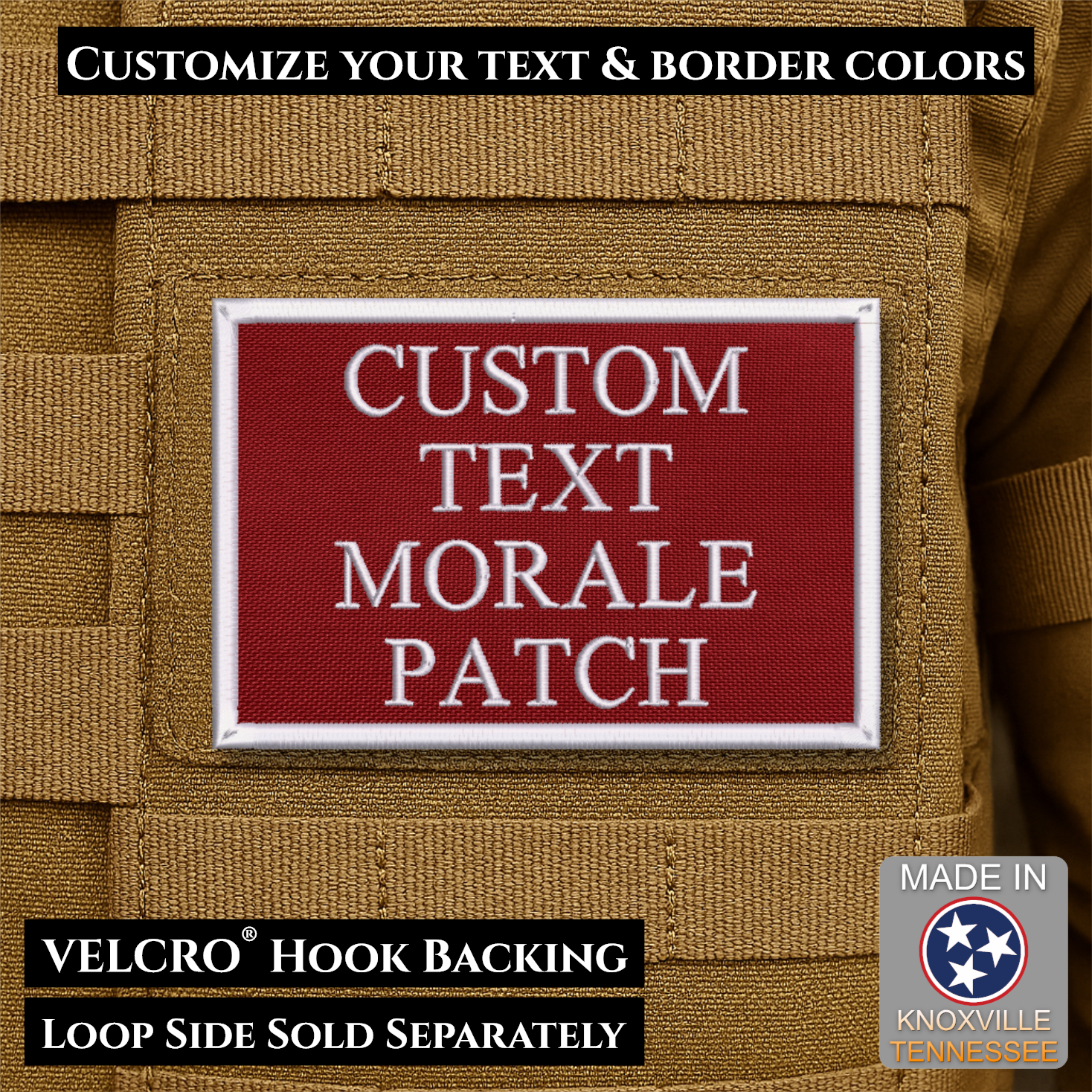 Custom embroidered morale patch with personalized text and customizable thread, border, and background color options