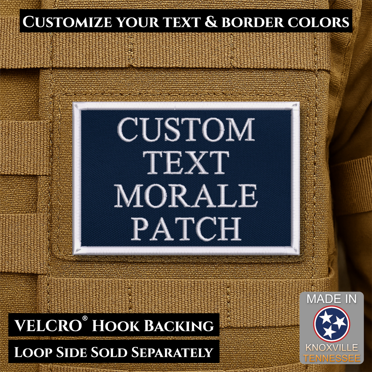Custom embroidered morale patch with personalized text and customizable thread, border, and background color options