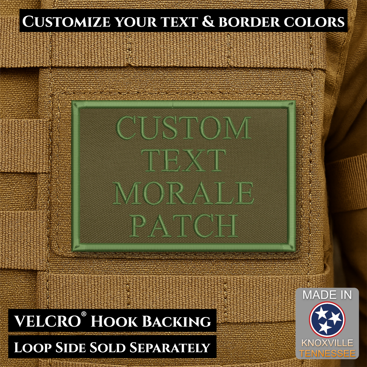 Custom embroidered morale patch with personalized text and customizable thread, border, and background color options
