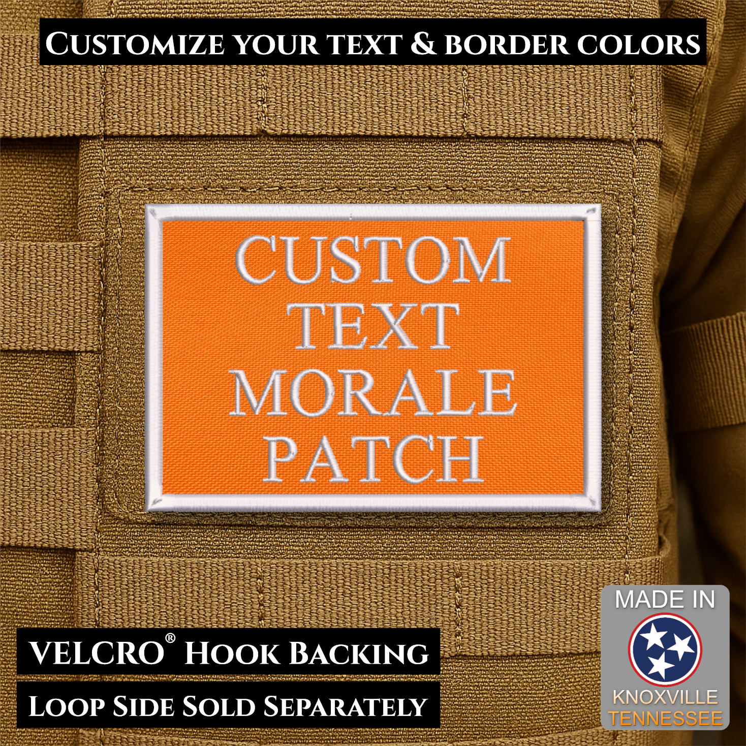 Custom embroidered morale patch with personalized text and customizable thread, border, and background color options