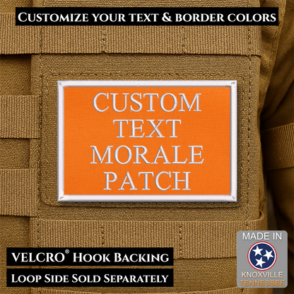 Custom embroidered morale patch with personalized text and customizable thread, border, and background color options