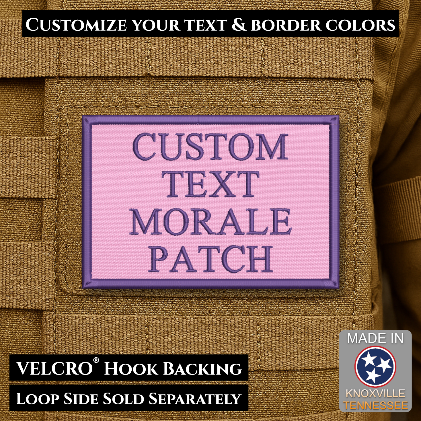 Custom embroidered morale patch with personalized text and customizable thread, border, and background color options