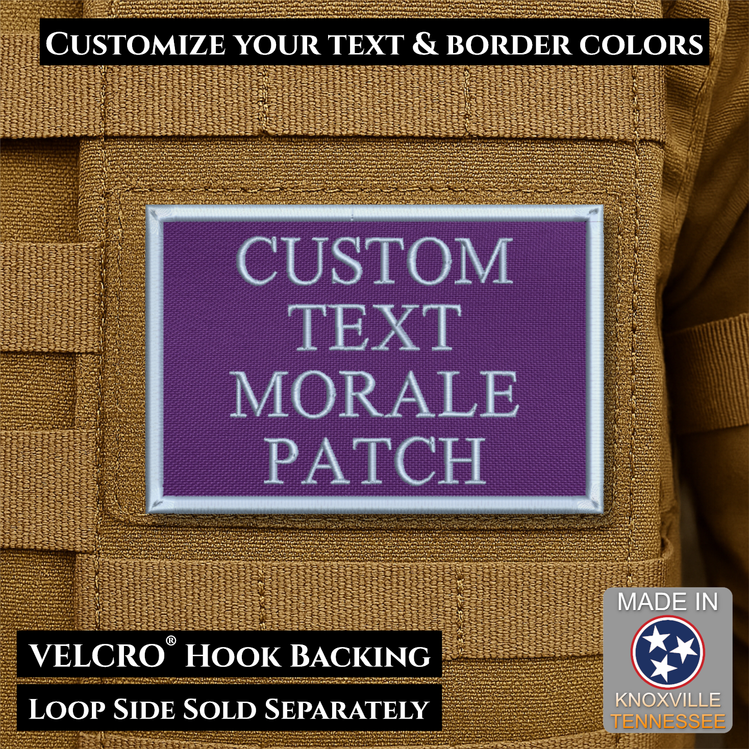 Custom embroidered morale patch with personalized text and customizable thread, border, and background color options