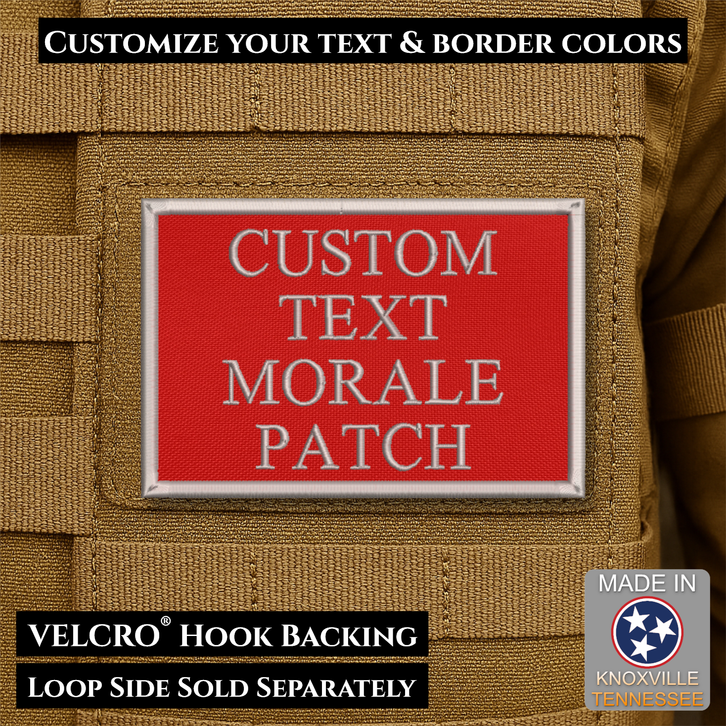 Custom embroidered morale patch with personalized text and customizable thread, border, and background color options