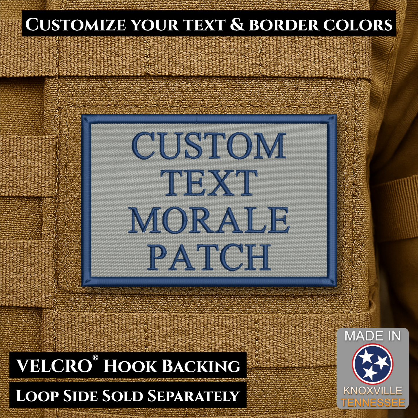 Custom embroidered morale patch with personalized text and customizable thread, border, and background color options