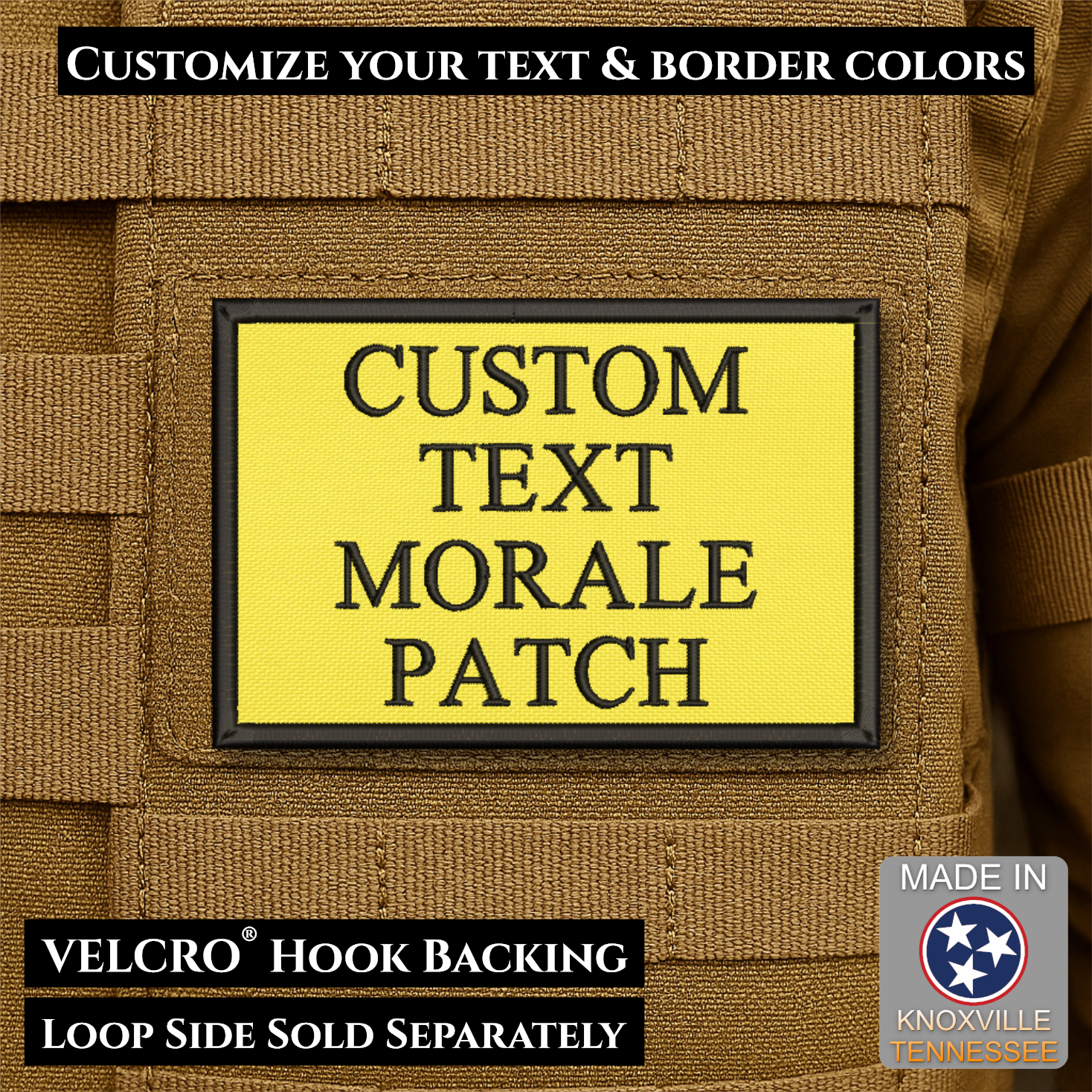 Custom embroidered morale patch with personalized text and customizable thread, border, and background color options