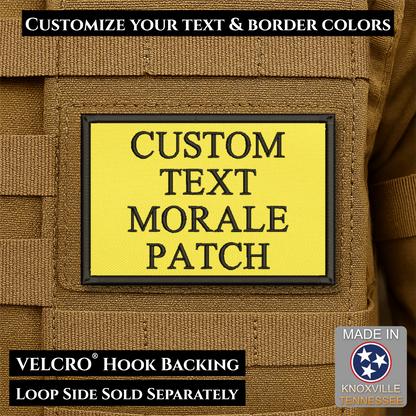 Custom embroidered morale patch with personalized text and customizable thread, border, and background color options