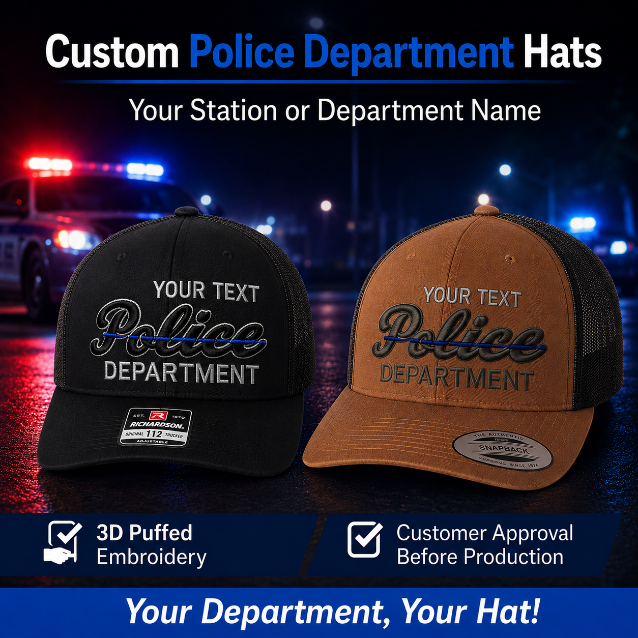 Custom 3D Puff Police Department Hats – Personalized Thin Blue Line Caps with Embroidered Department Name