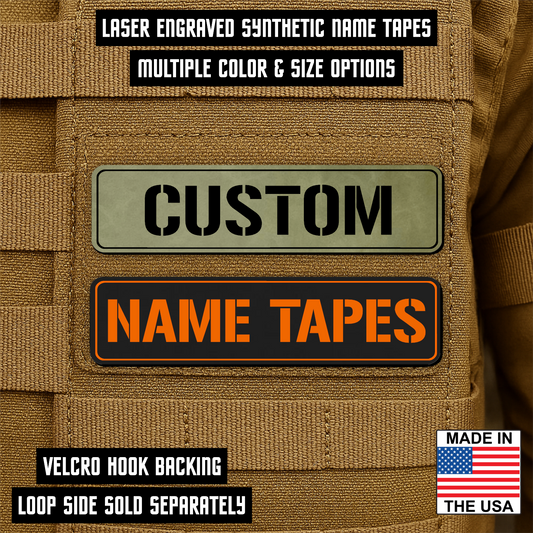 Custom name tapes on a brown background with text about product features.