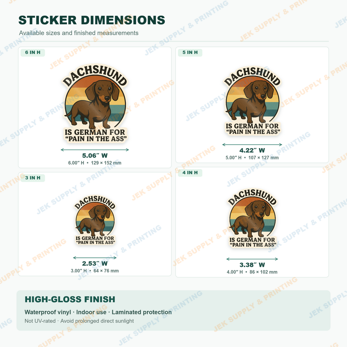 Dachshund Is German for Pain in the Ass funny wiener dog sticker dimension chart comparing 3, 4, 5 and 6 inch sizes