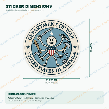 Department of War vinyl decal, 3 inch height dimension guide