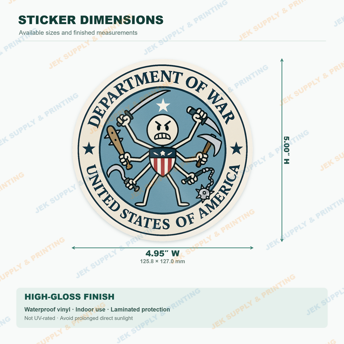Department of War vinyl decal, 5 inch height dimension guide