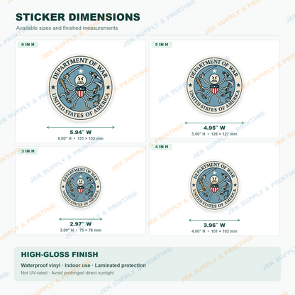 Department of War sticker size comparison, 3, 4, 5, 6 inch height options