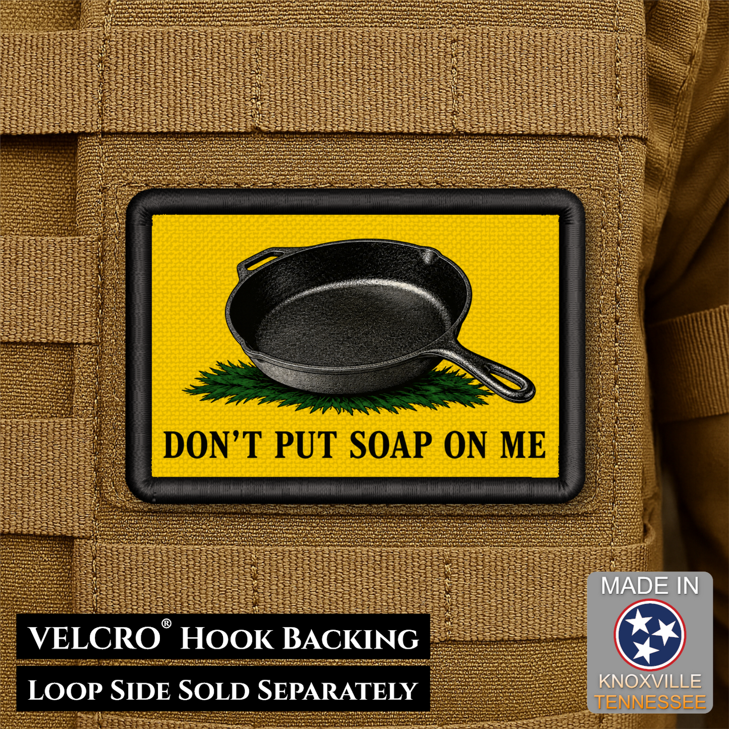 Iron Skillet Gadsden, Don't Put Soap On Me Funny Morale Patch, 2x3" | Made in USA | VELCRO® Brand Hook Backing