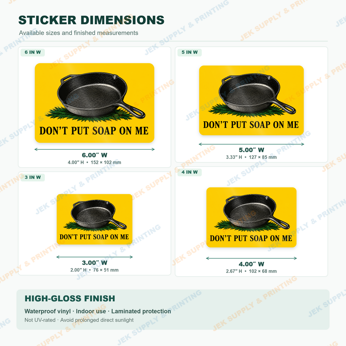 Don't Put Soap on Me sticker size comparison, 3, 4, 5, 6 inch width options