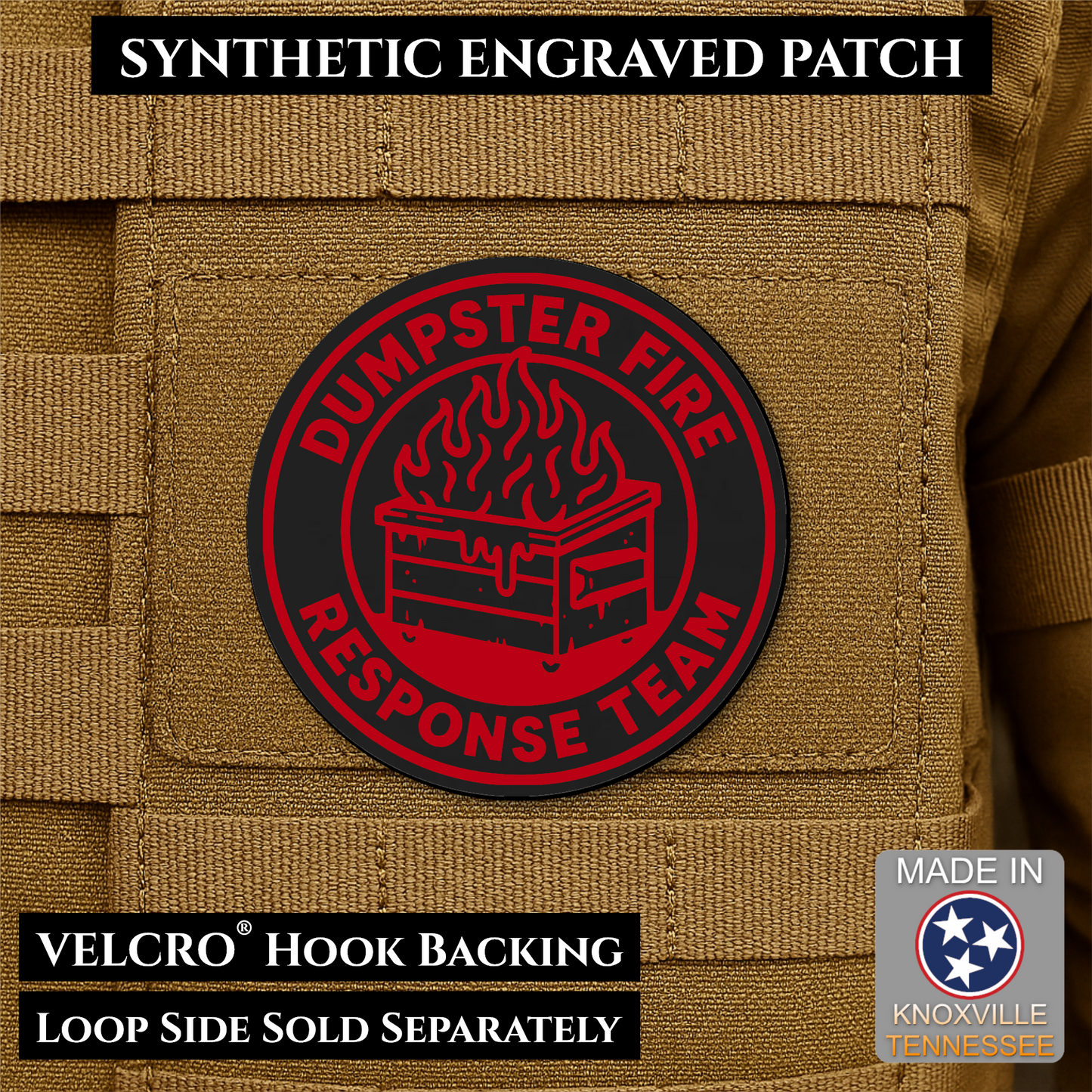 Black and Red Dumpster Fire Response Team laser engraved morale patch featuring a flaming dumpster design