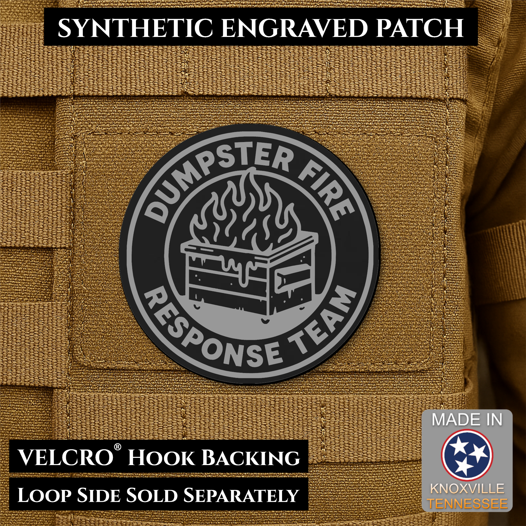 Black and Silver Dumpster Fire Response Team laser engraved morale patch featuring a flaming dumpster design