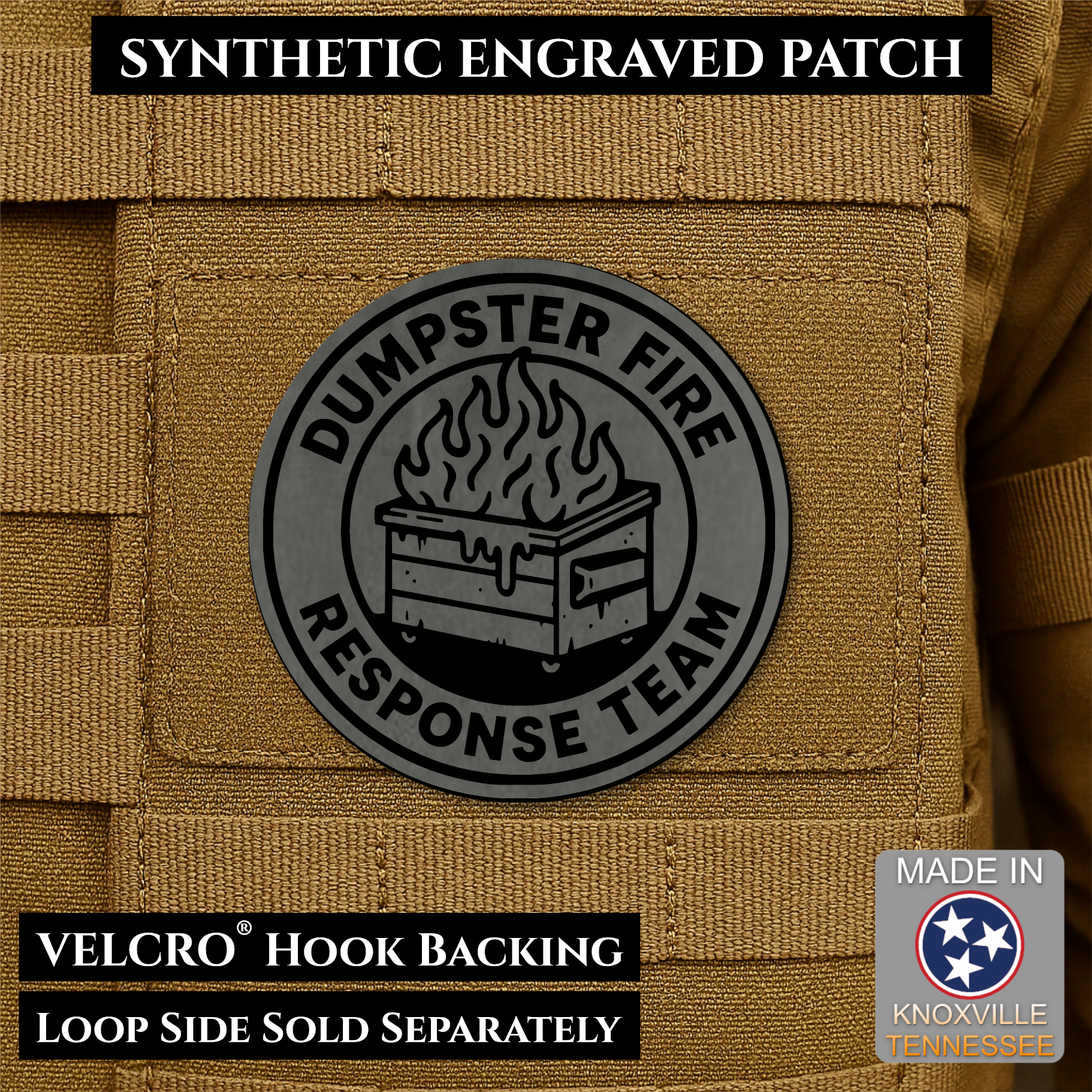 Charcoal Gray Dumpster Fire Response Team laser engraved morale patch featuring a flaming dumpster design