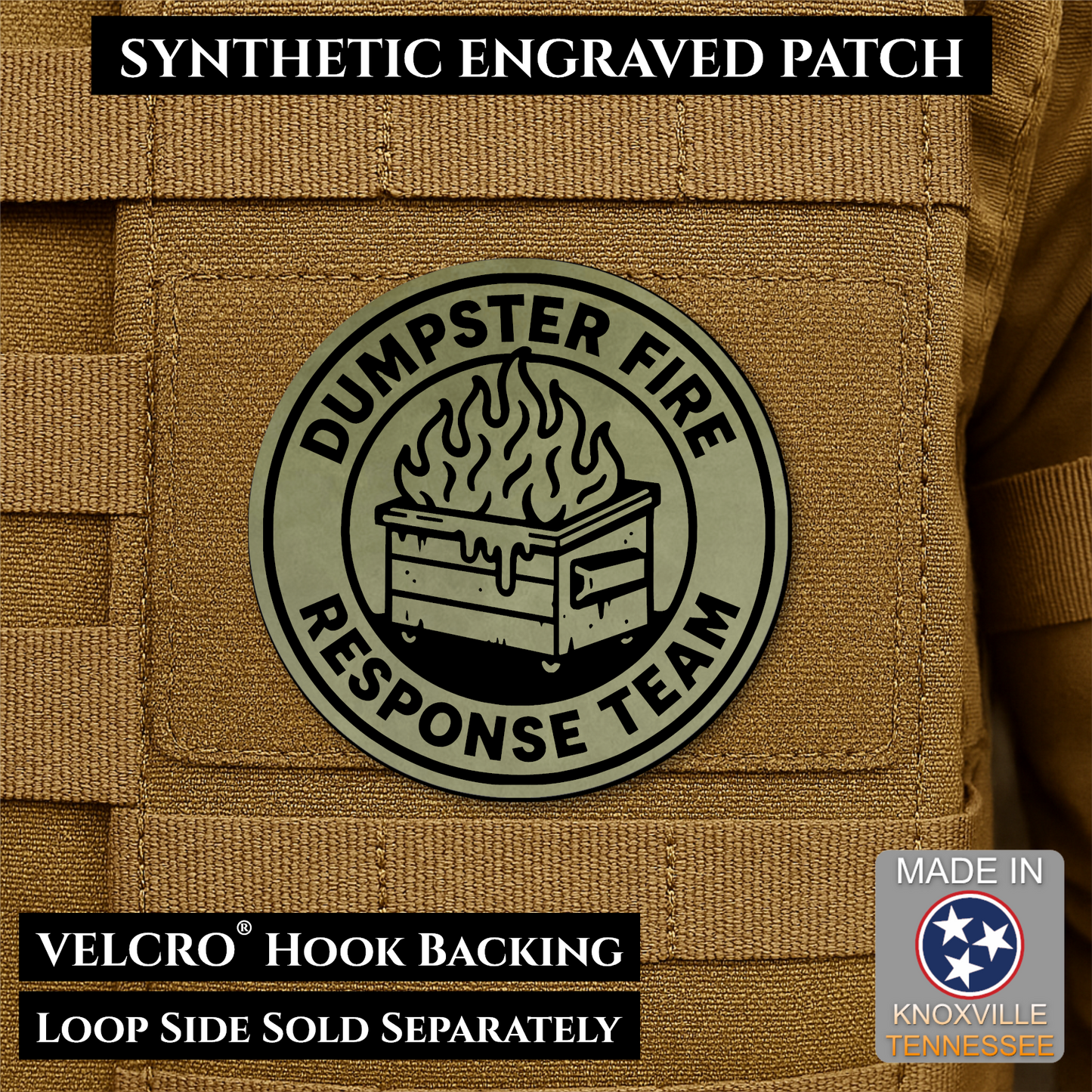 Olive OD Green Dumpster Fire Response Team laser engraved morale patch featuring a flaming dumpster design
