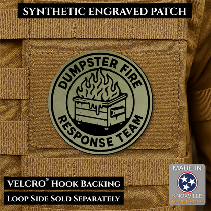 Olive OD Green Dumpster Fire Response Team laser engraved morale patch featuring a flaming dumpster design